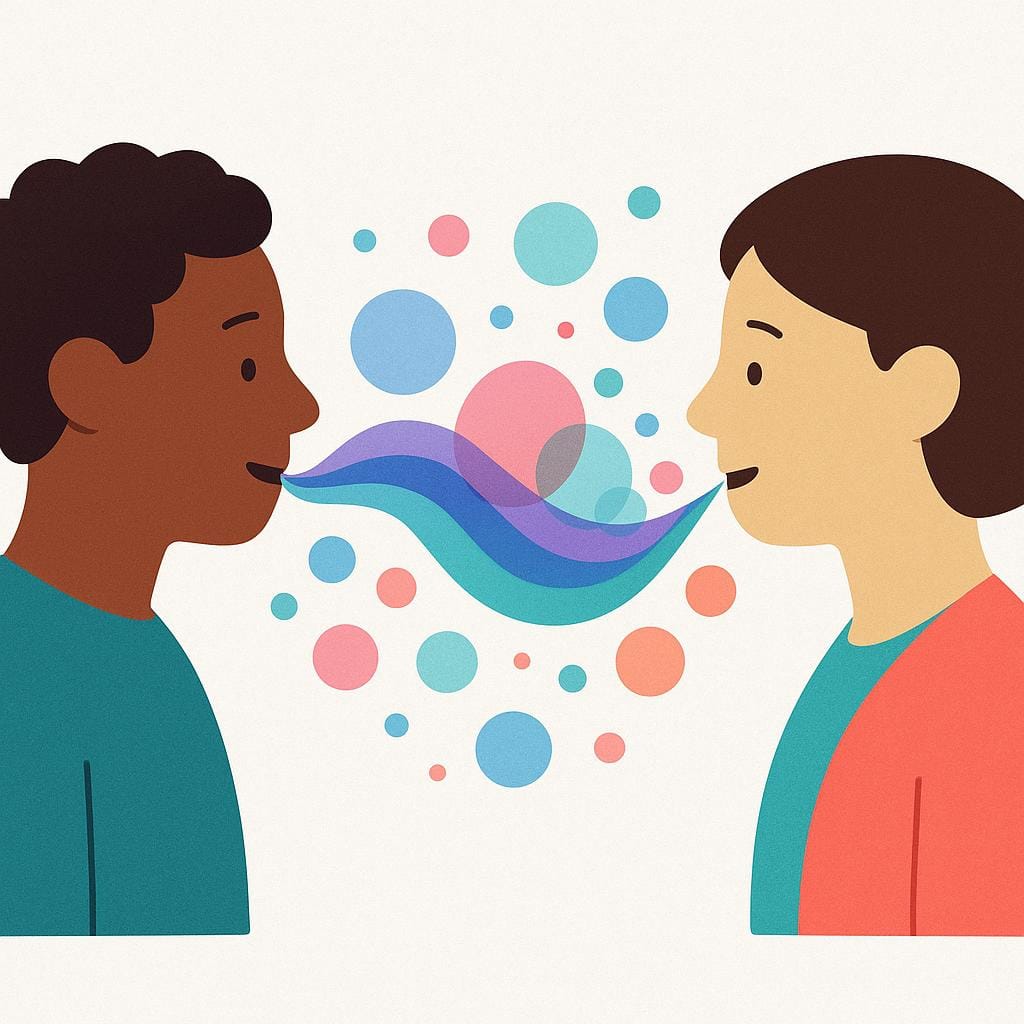 Two simplified human figures communicating face-to-face, indicated by colorful abstract sound waves flowing between them.