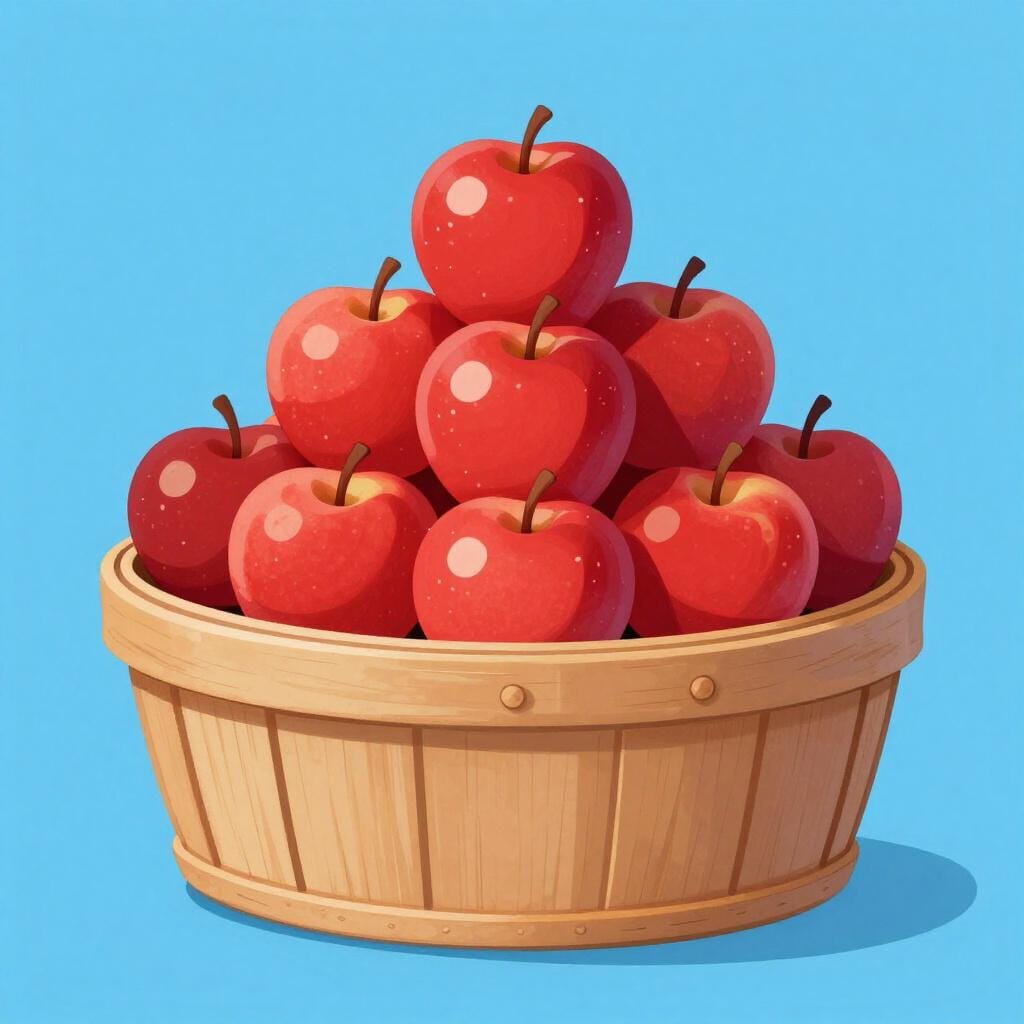 Uma cesta cheia de vinte e cinco maçãs vermelhas brilhantes.