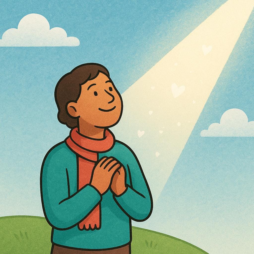 Een eenvoudige stripboekillustratie van een glimlachend persoon die buiten staat, met de handen gevouwen bij de borst, dankbaar omhoog kijkend naar een heldere, troostende zonnestraal.