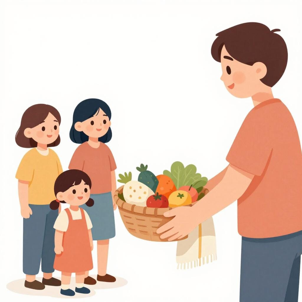 친절한 사람이 감사하는 가족에게 신선한 음식 바구니와 따뜻한 담요를 건네는 모습의 고품질의 단순하고 다채로운 동화 삽화.