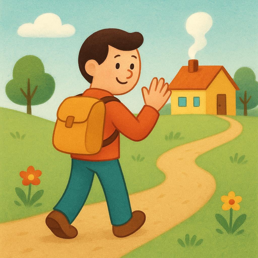A friendly figure with a small backpack walks away from a cozy yellow house down a dirt path. The figure is turning their head back toward the house, waving goodbye, symbolizing a temporary departure and a planned return.