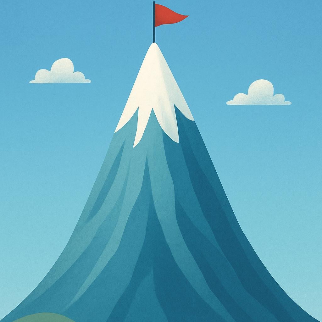 A simplified, high mountain peak against a bright sky, with a single small flag planted exactly at the highest point of the summit.