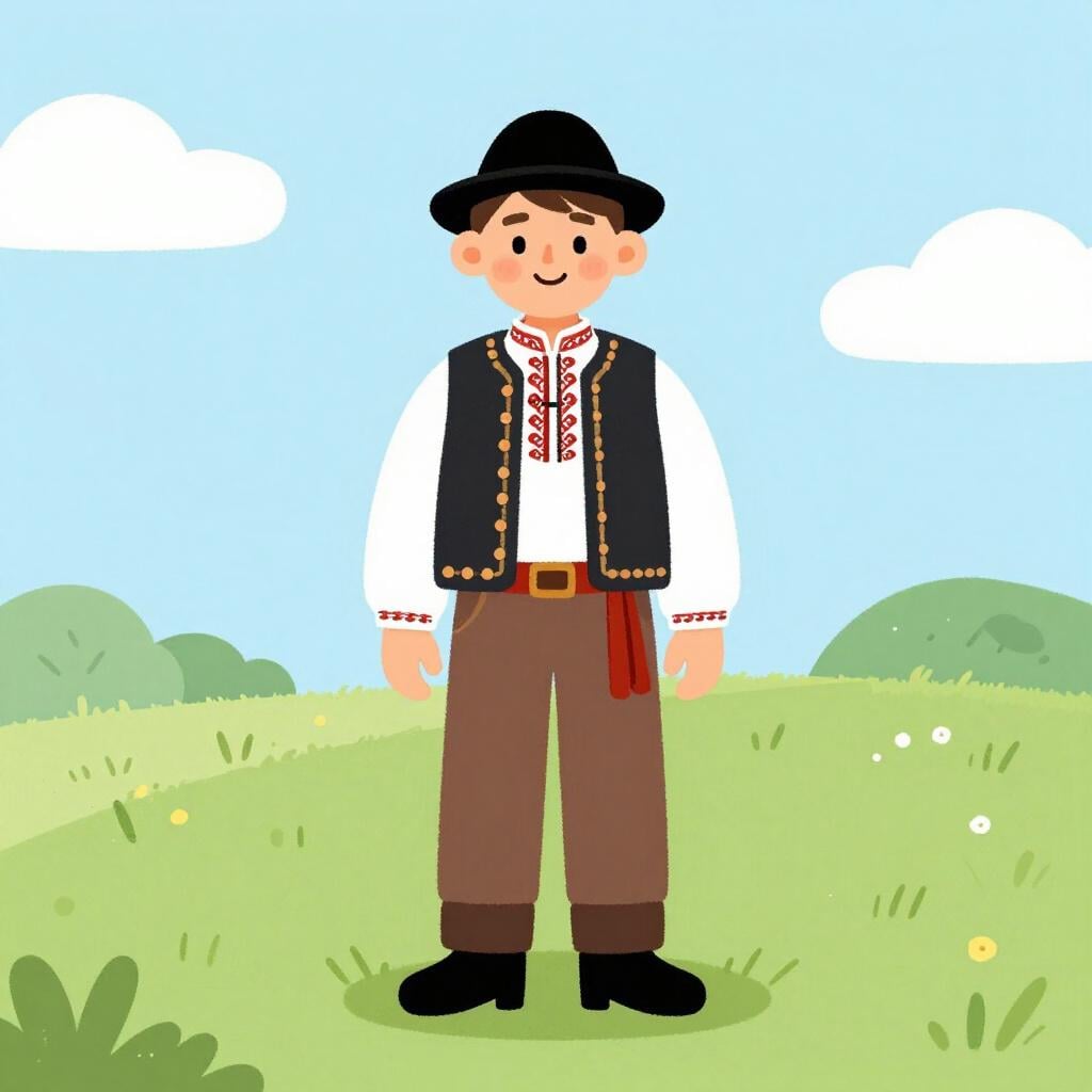 Un uomo che indossa un gilet e un cappello tradizionali ungheresi in piedi in un campo verde.