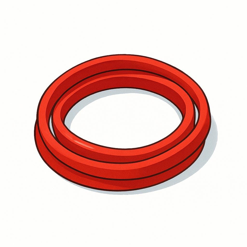 A single, thick, coiled red rubber band resting on a plain background, slightly twisted to show its elasticity.