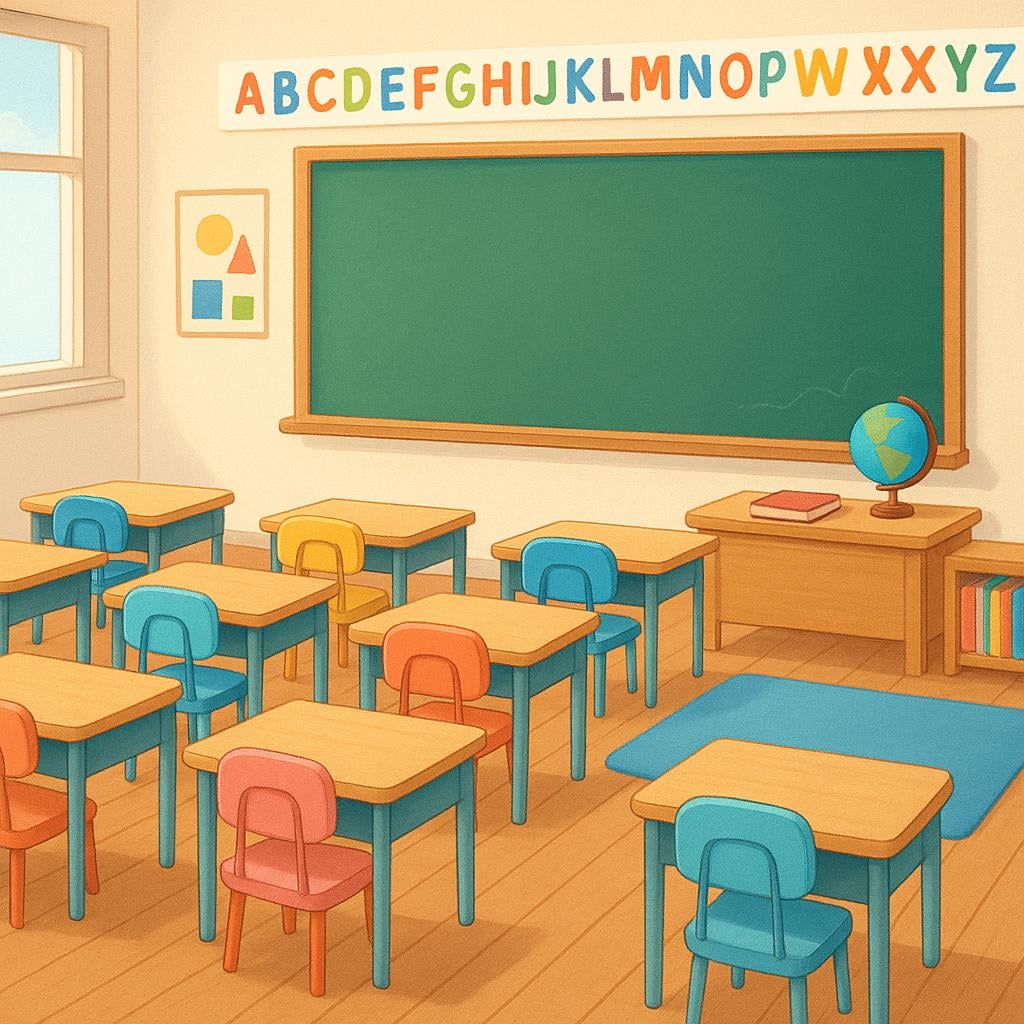 A bright, tidy classroom with rows of small wooden desks facing a chalkboard mounted on the wall.