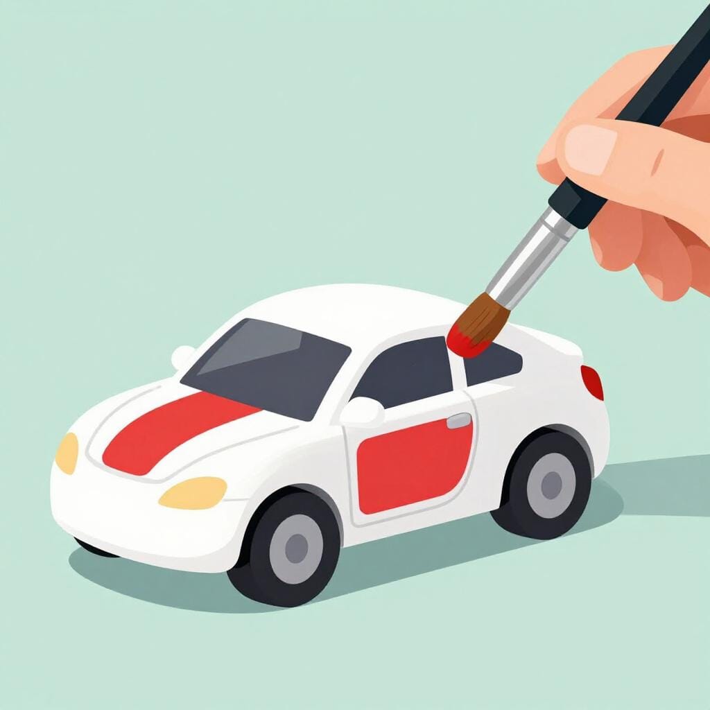 A child adding a colorful stripe to a plain white toy car with a paintbrush.