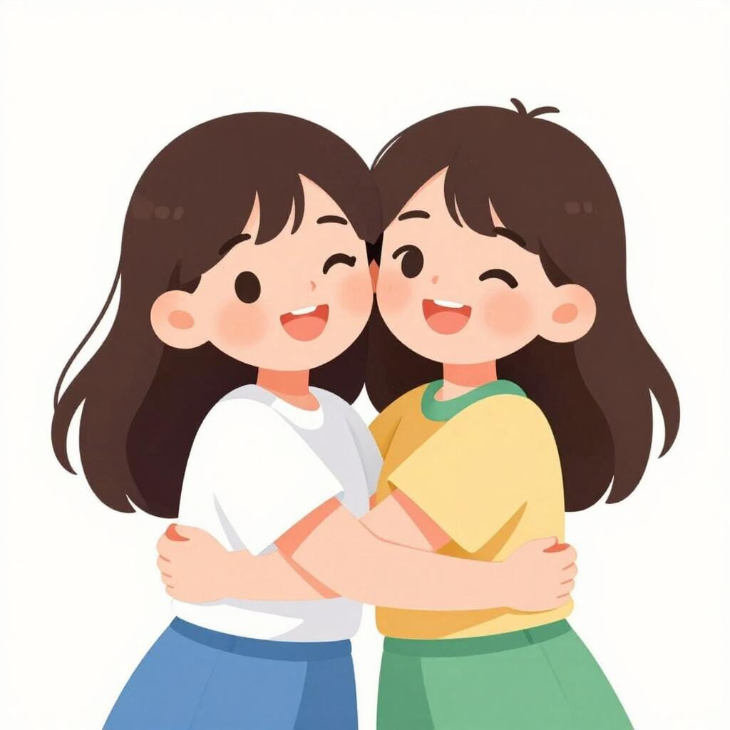 두 명의 어린 소녀가 밝게 웃으며 서로 껴안고 있는 다채로운 동화책 삽화를 묘사하며, 우정을 상징합니다.