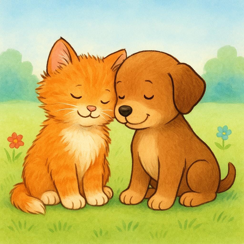 Un gattino arancione soffice e un cucciolo marrone sono seduti vicini, strofinando delicatamente le loro teste, a simboleggiare l'affetto crescente o l'amore futuro.