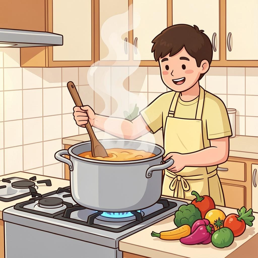 A person wearing an apron stirring a large pot on a stove with steam rising.