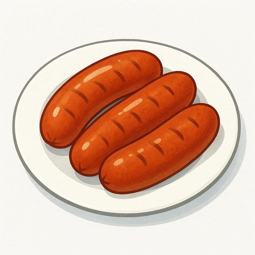 A simple illustration showing three cooked sausages on a white plate.