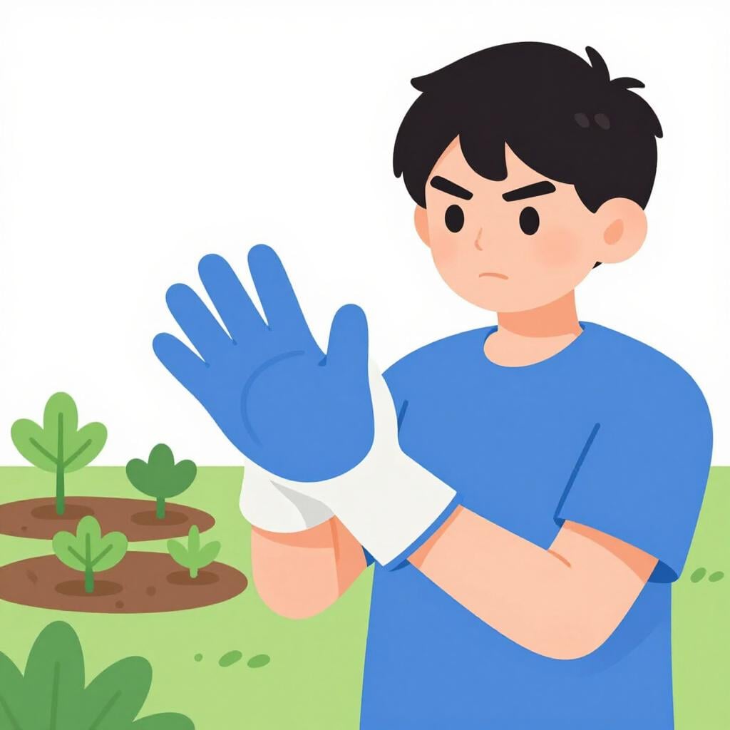 A person putting on a pair of bright yellow work gloves and looking towards a garden, ready to begin a task.