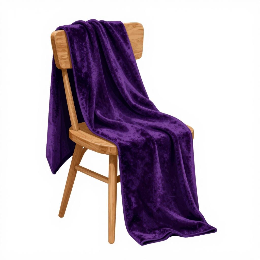 A luxurious, thick purple velvet cloth draped elegantly over a simple wooden chair.