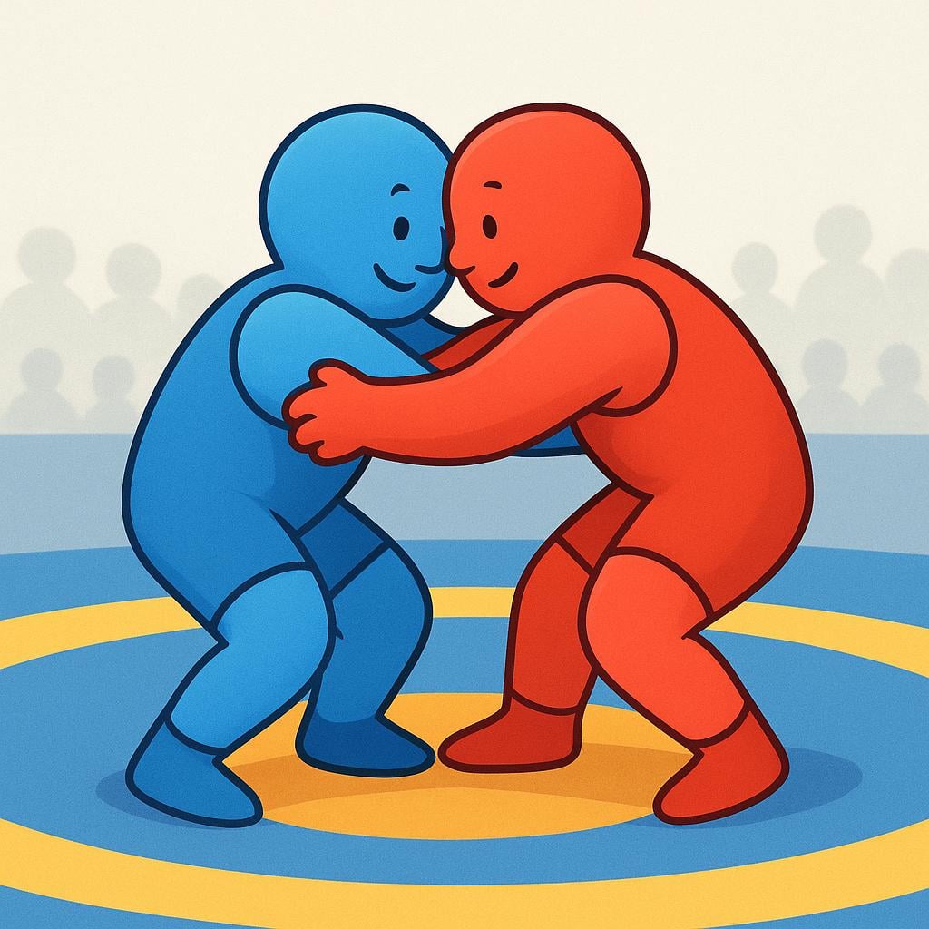 Two stylized figures, one wearing a blue shirt and the other a red shirt, grappling firmly in a wrestling match on a simple mat.