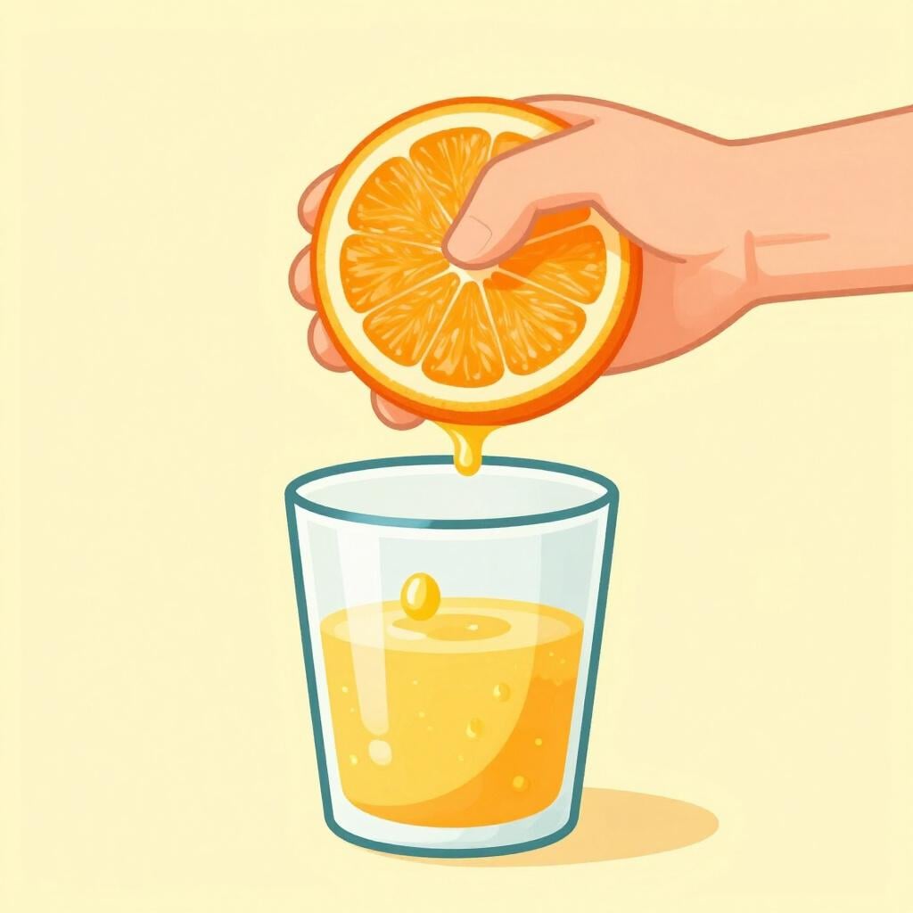 En person som pressar en färsk apelsin för att få juice i ett glas.