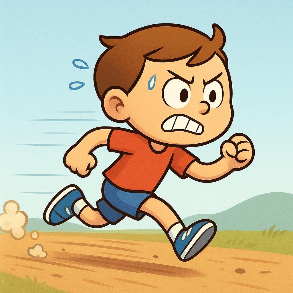 A simplistic illustration of a character running extremely quickly across a path, kicking up dust and showing strong motion lines.