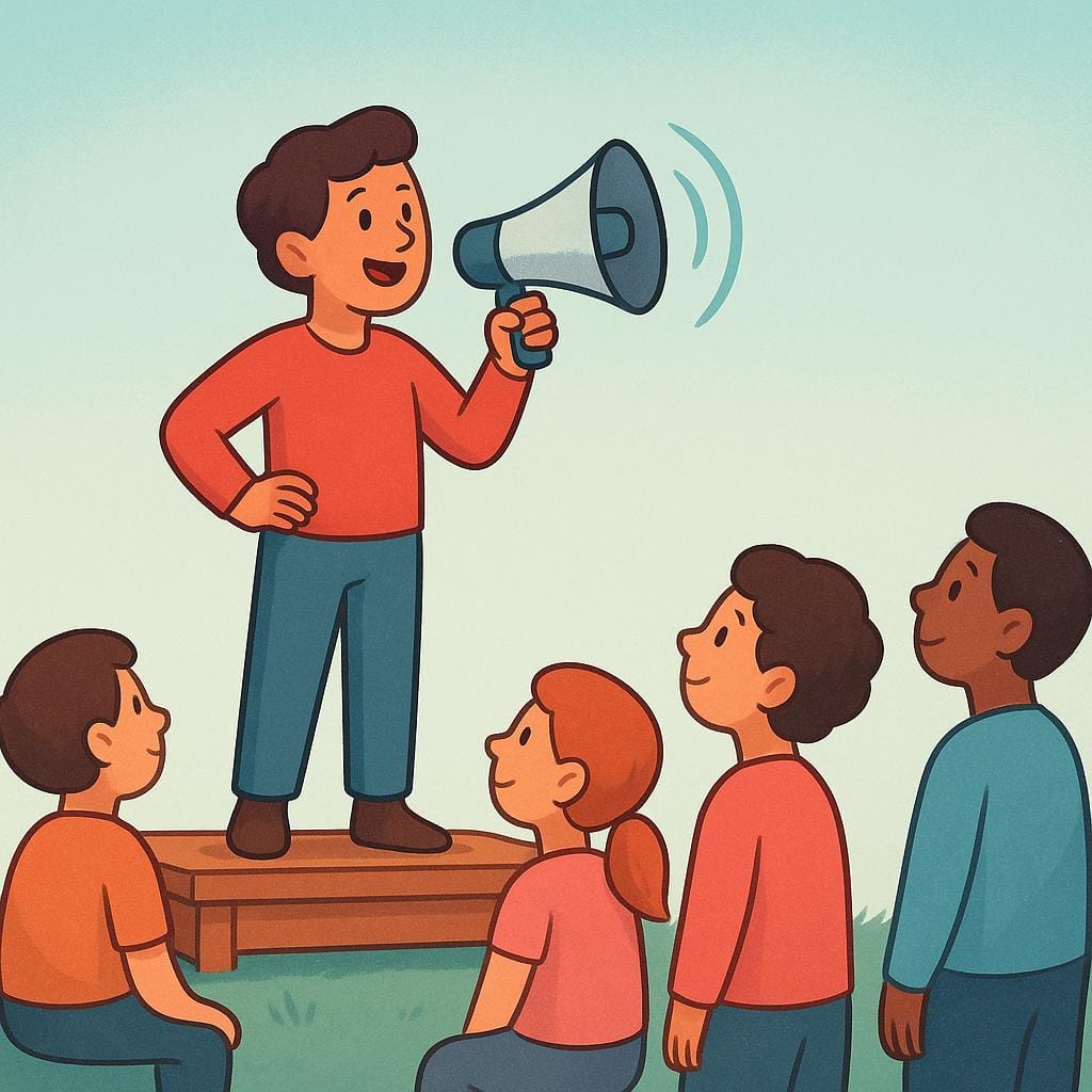 A person on a small stage using a megaphone to deliver a message to a small, attentive audience, illustrating an announcement.