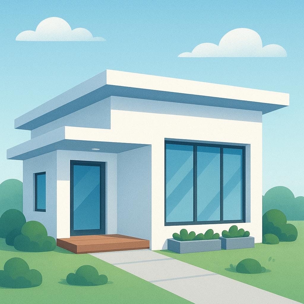 Uma casa moderna, elegante e minimalista com grandes janelas de vidro e telhado plano, ilustrando a arquitetura contemporânea.