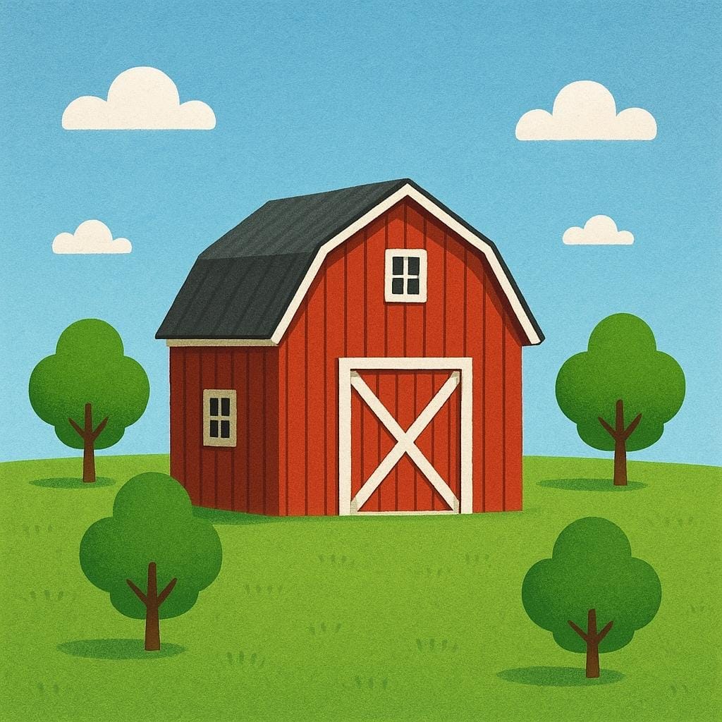 A single red barn stands in the center of a green field surrounded by four trees. One tree is noticeably closer to the barn than the other three, illustrating 'nearest' physical distance.