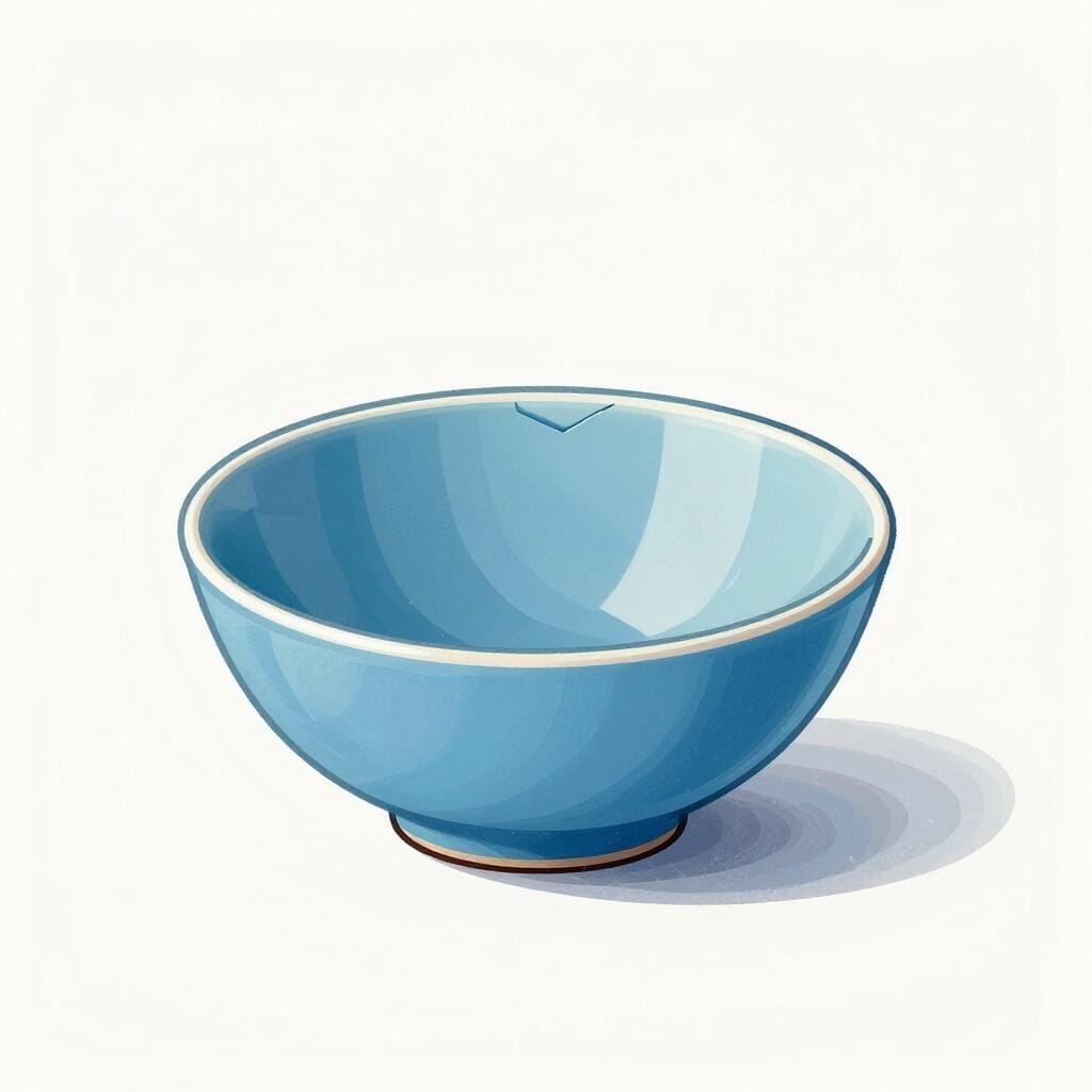 A single piece of a broken blue ceramic bowl lying on a plain surface.