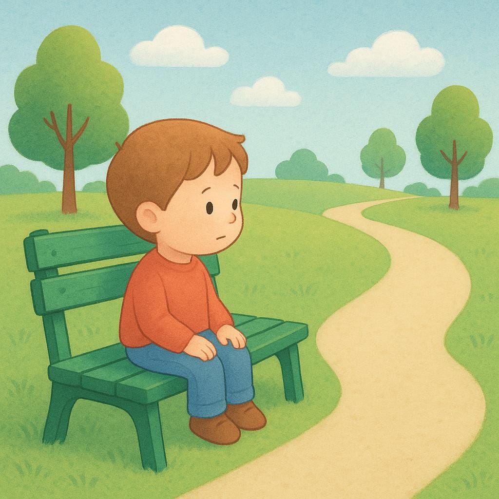 Un'illustrazione colorata di un libro di fiabe che mostra un bambino piccolo seduto da solo su una panchina verde del parco, guardando pazientemente un sentiero vuoto, illustrando l'atto continuo dell'attesa.