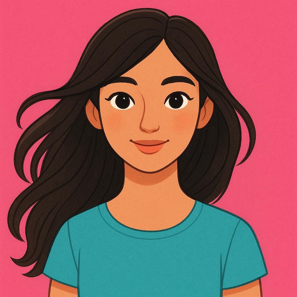 Um retrato simples e em close-up de uma mulher extremamente bonita, com traços radiantes e cabelos longos e escuros, contra um fundo vibrante e simples.