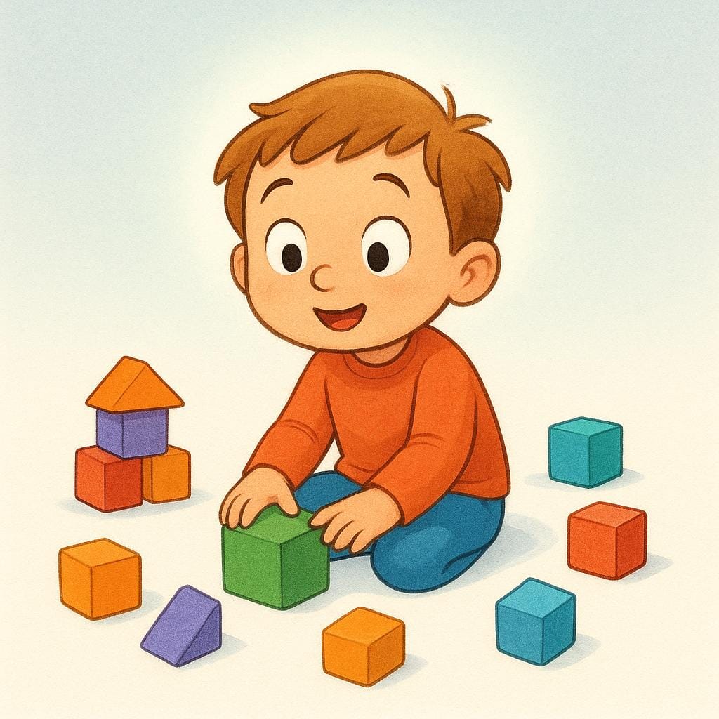 A character is sitting on the floor surrounded by several disorganized blocks, suddenly looking up with a wide-eyed expression of realization and clarity.