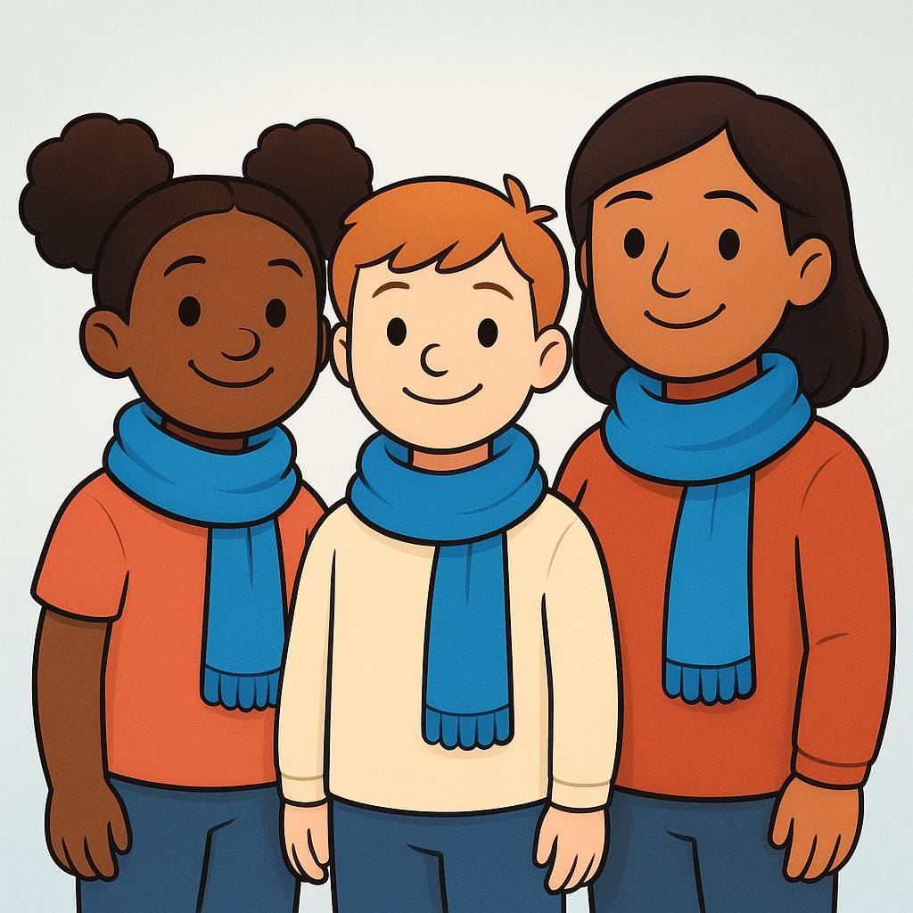 Three cheerful cartoon figures standing close together, all wearing identical blue scarves, symbolizing their shared membership in a group or club.