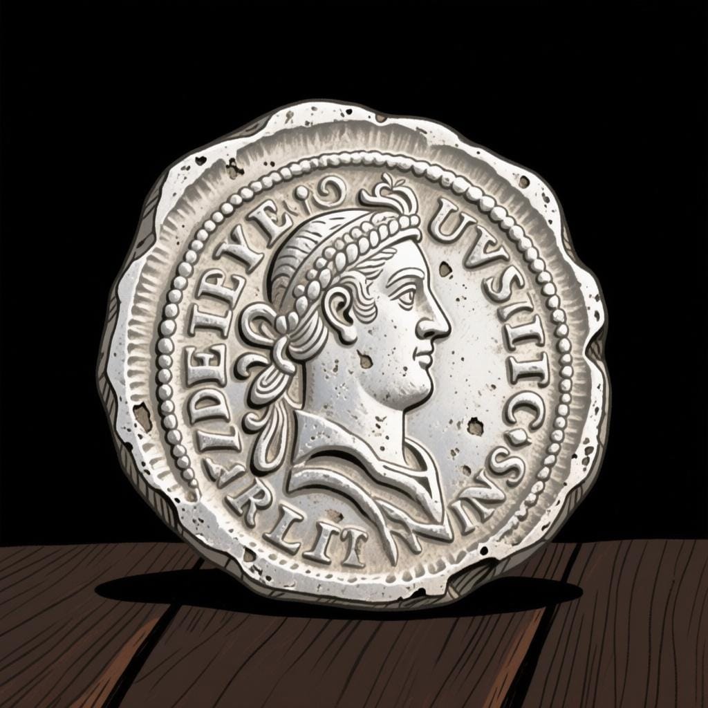 Un primo piano di una grande moneta d'argento spagnola storica (un real o pezzo da otto).