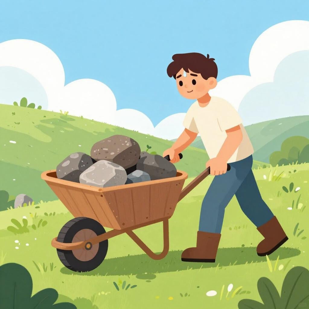 Una persona che spinge una pesante carriola piena di grosse pietre su per una collina erbosa.