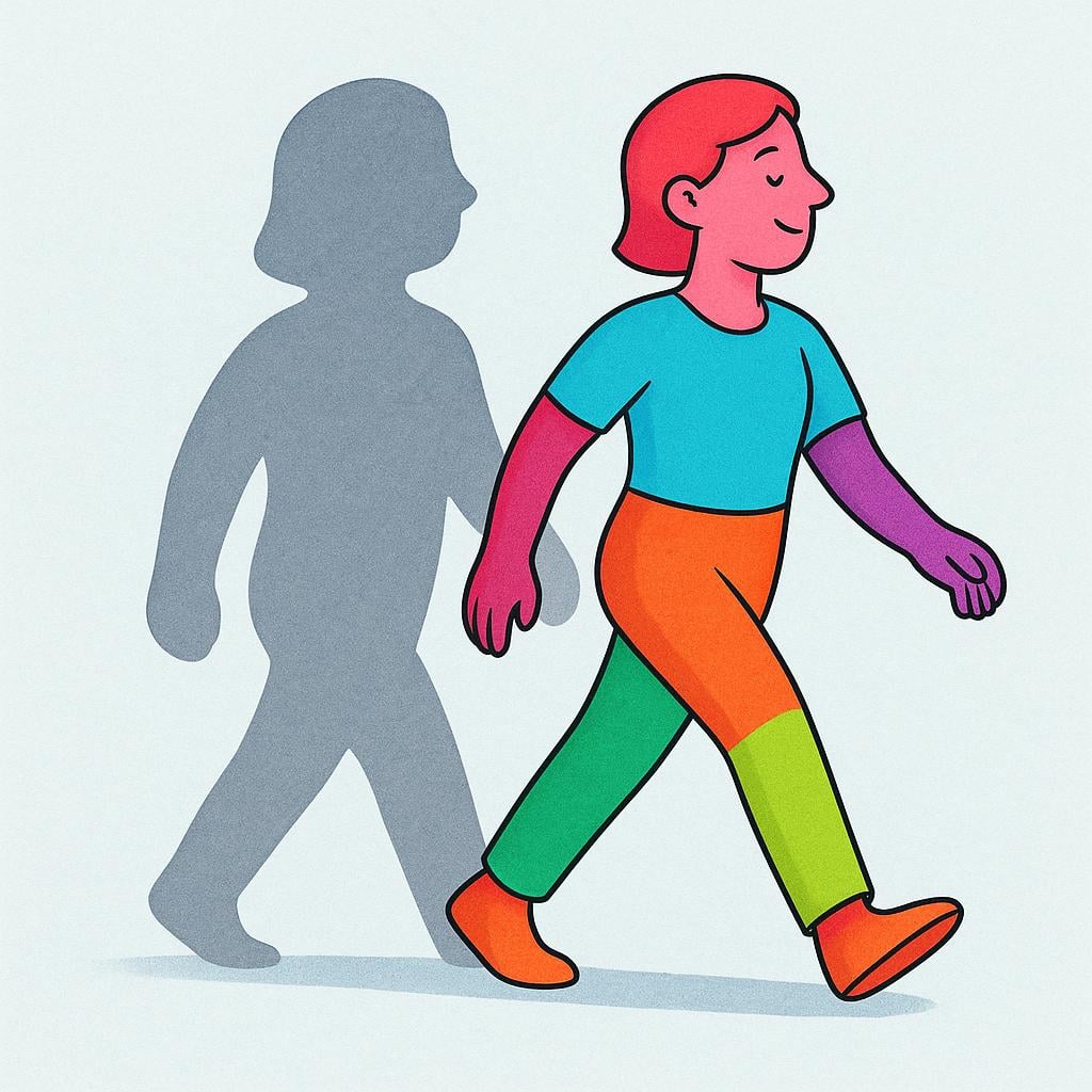 A brightly colored figure, symbolizing a true identity, confidently steps away from a dull gray, empty silhouette on a simple background.