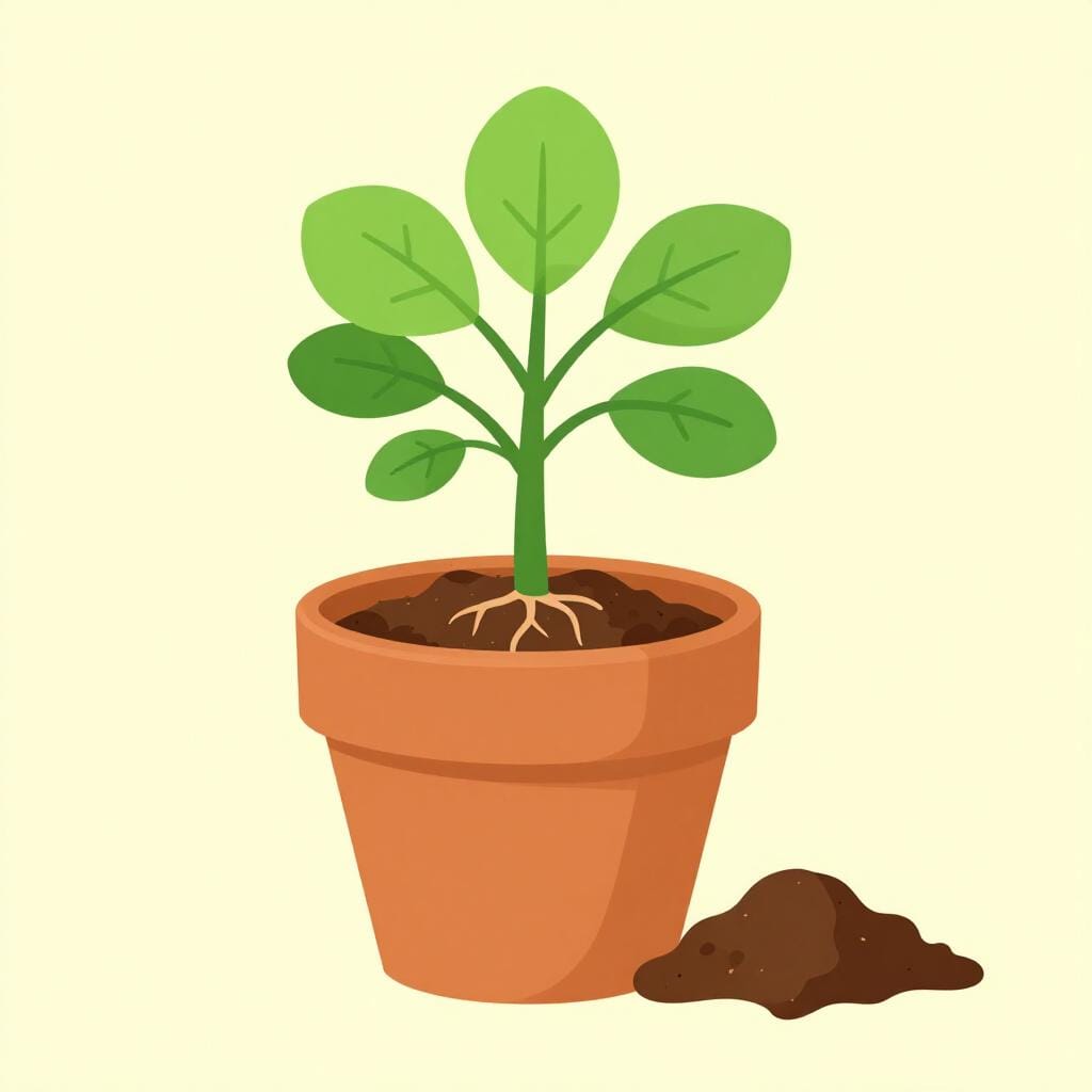 A small green plant being moved from a small brown seedling pot into a larger orange ceramic pot.