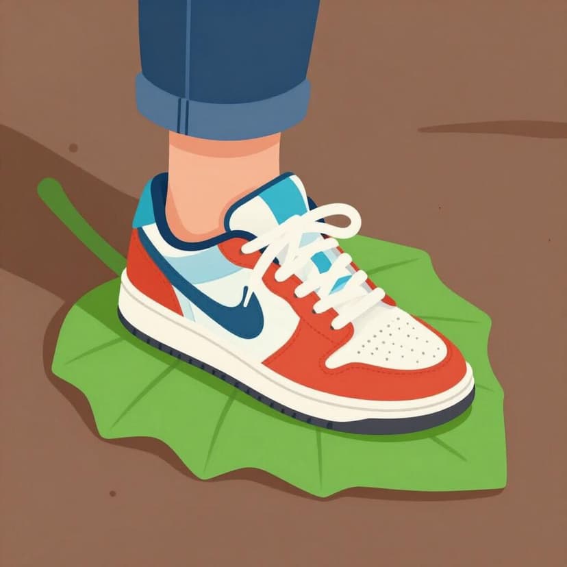 A child's sneaker stepping directly onto a bright green leaf on a sidewalk.