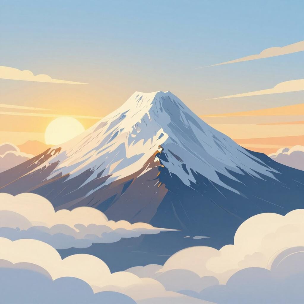 A breathtaking mountain peak glowing under a golden sunset above a sea of soft clouds.