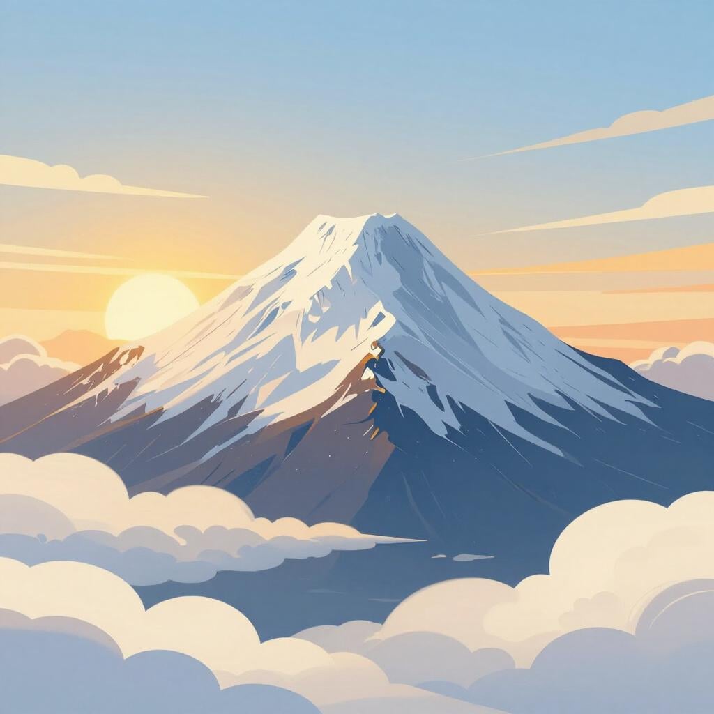 A breathtaking mountain peak glowing under a golden sunset above a sea of soft clouds.