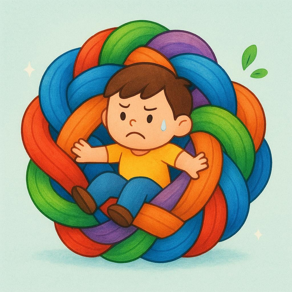 A cartoon character completely tangled from head to toe in a long, thick red rope, looking slightly frustrated but unable to move, symbolizing a difficult situation.