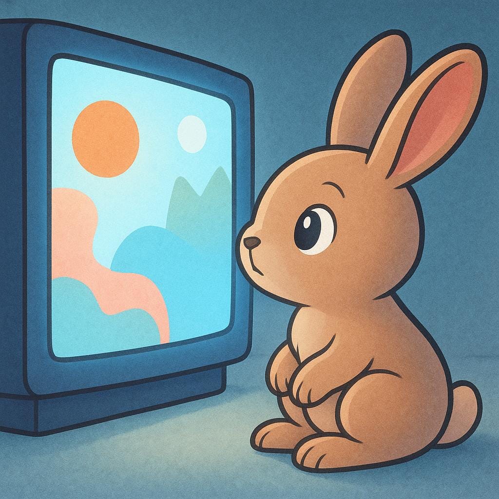 A cartoon rabbit sitting on a couch, completely absorbed and fixated on the brightly glowing screen of a television set.