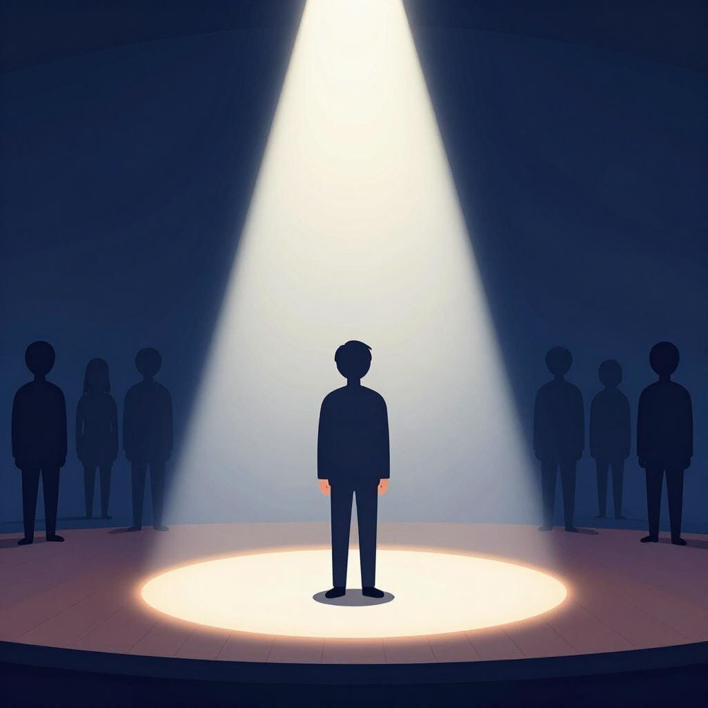 A lead performer standing in the center of a stage under a bright yellow spotlight while others stand in the dim background.