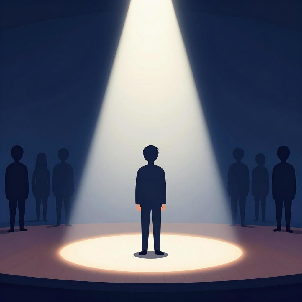 Eine Hauptdarstellerin steht im Zentrum einer Bühne unter einem hellen gelben Scheinwerfer, während andere im schummrigen Hintergrund stehen.