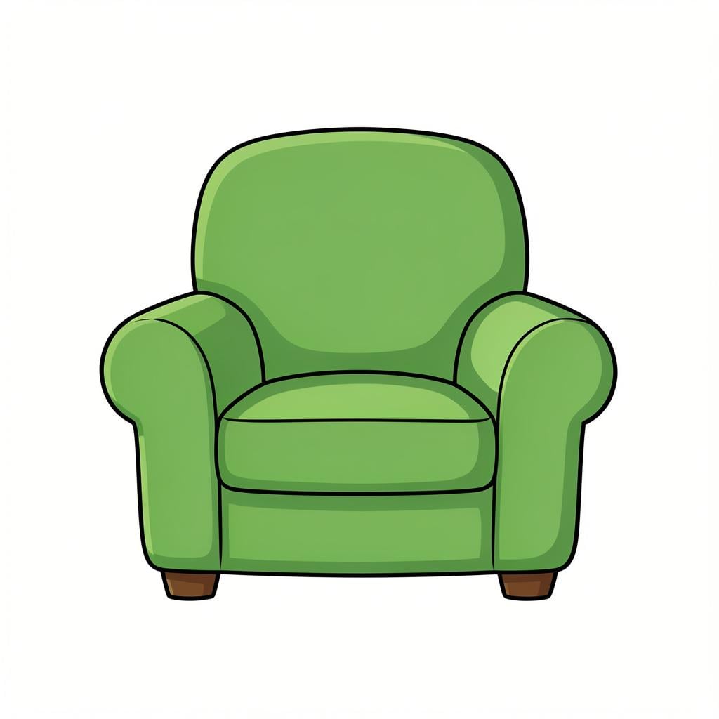 A cozy, plush green armchair with thick armrests and a soft cushion.