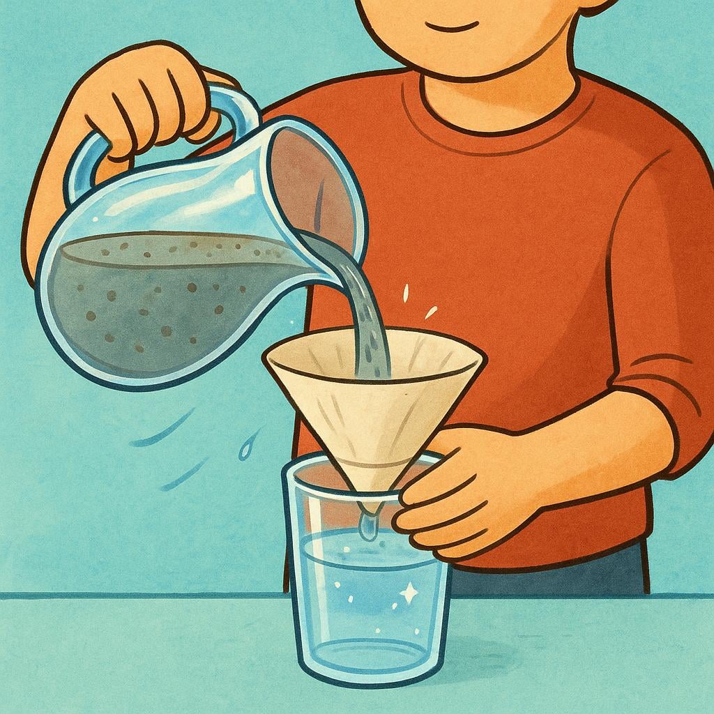A person carefully pouring cloudy liquid from a pitcher through a simple filter into a clear glass, resulting in the glass filling with sparkling, clear water.