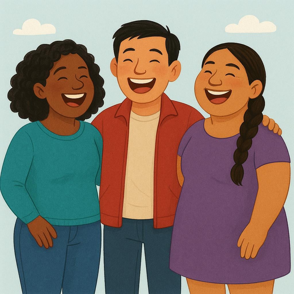 Three diverse individuals are shown standing side-by-side, all laughing heartily with open mouths and joyful expressions in a brightly colored setting.