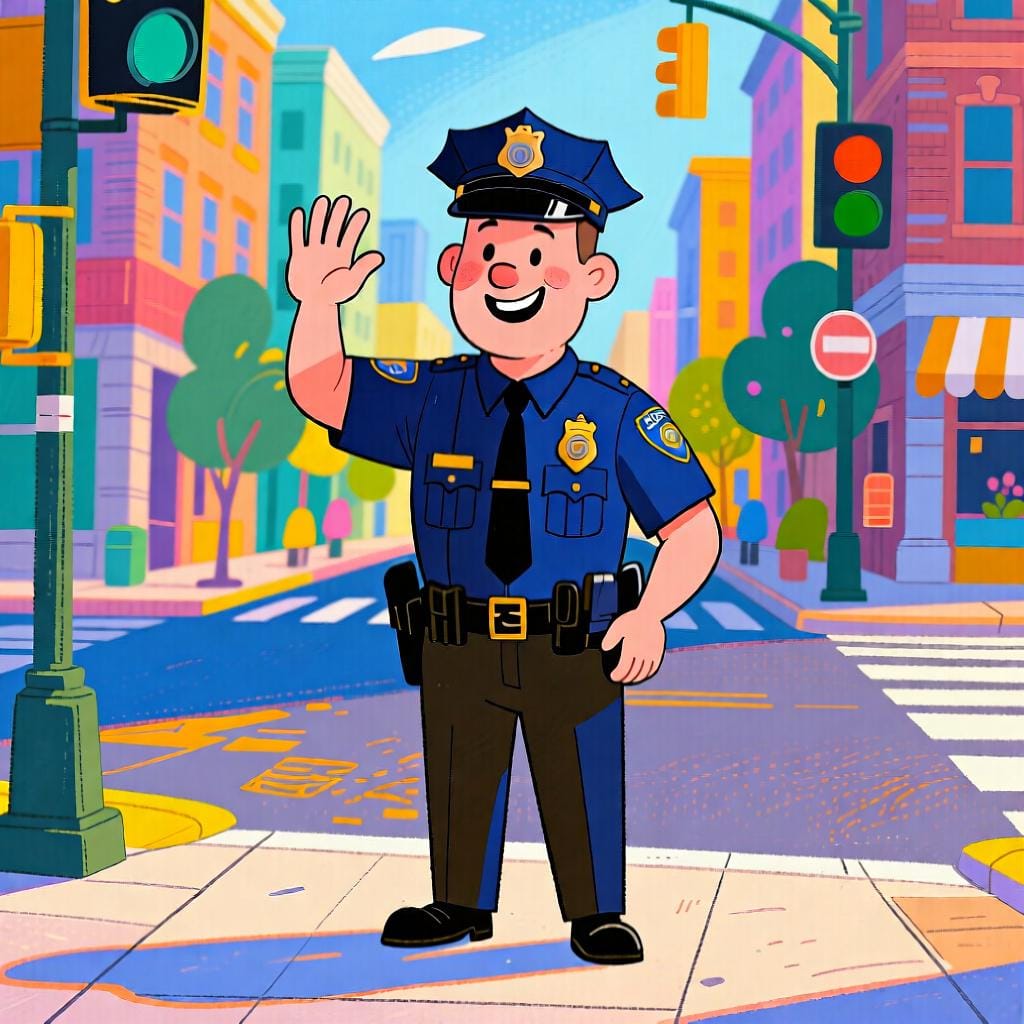 A friendly male police officer in a standard uniform, standing and directing traffic.