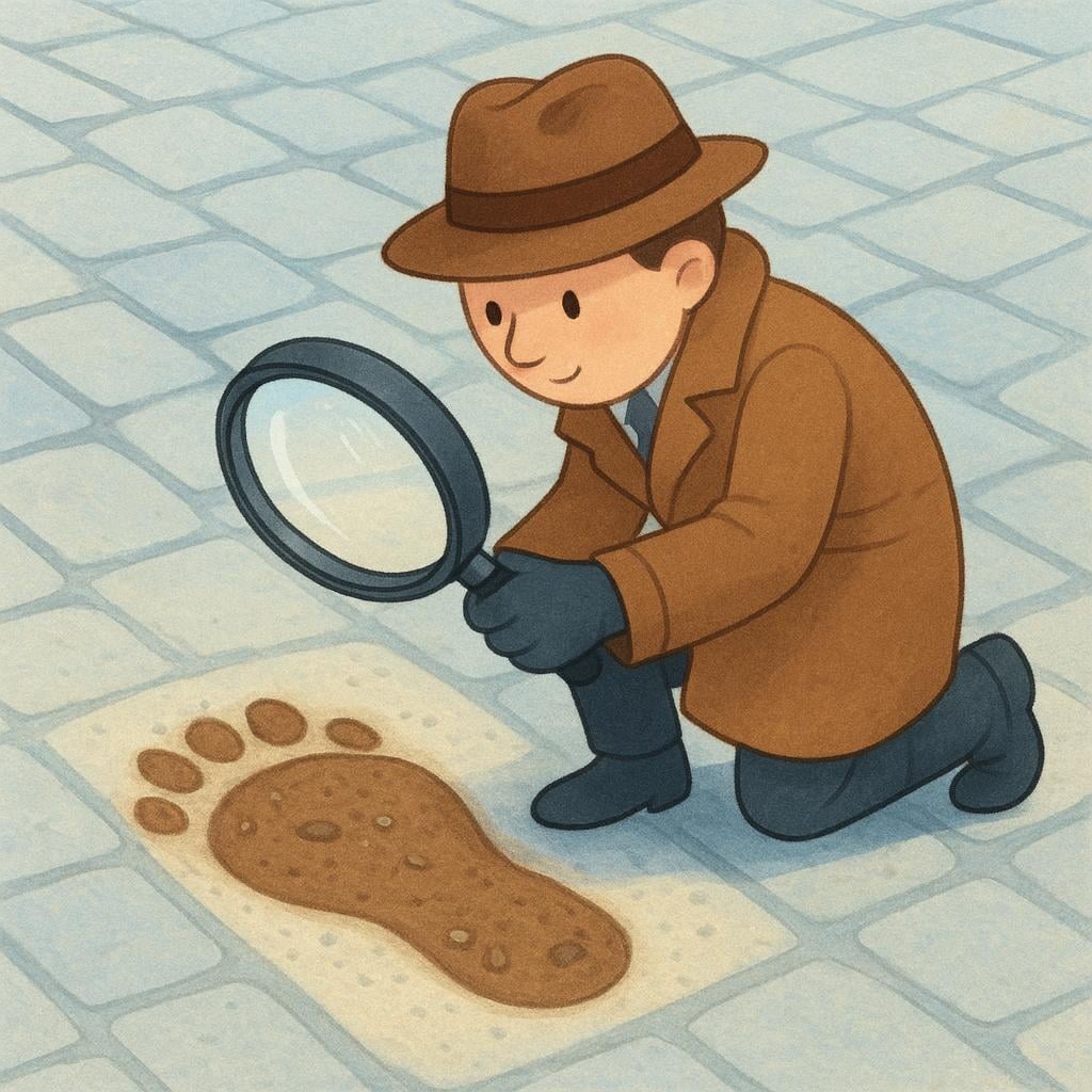 A person wearing a trench coat and fedora kneels down, examining a large footprint on the ground using a magnifying glass.
