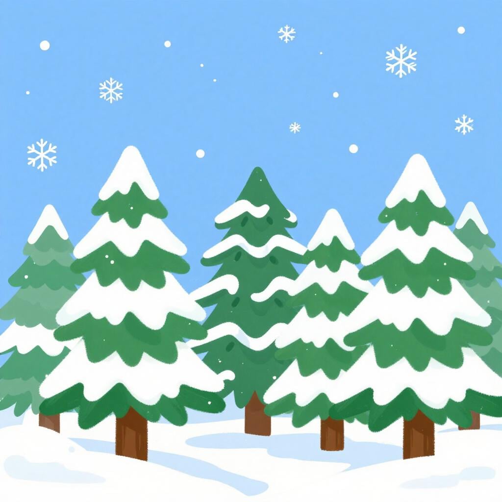 Large soft snowflakes falling from a grey sky onto a group of evergreen trees covered in white powder.