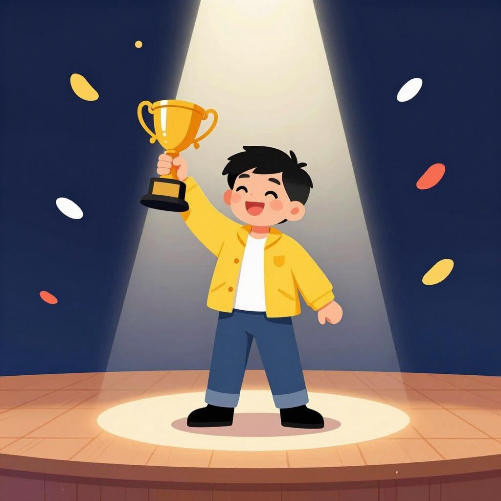 A performer on a stage under a spotlight, bowing as a crowd throws flowers.