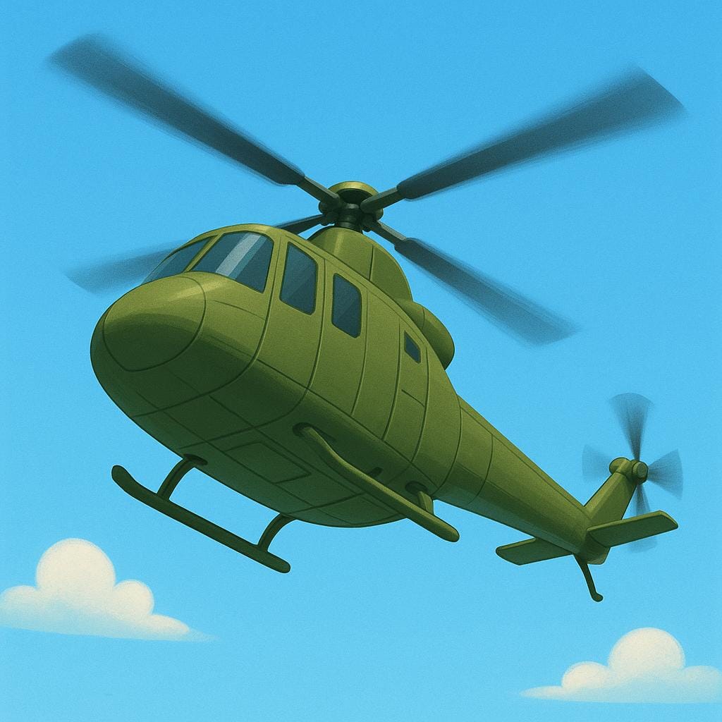 A large, sturdy green military transport helicopter flying low across a simple landscape.
