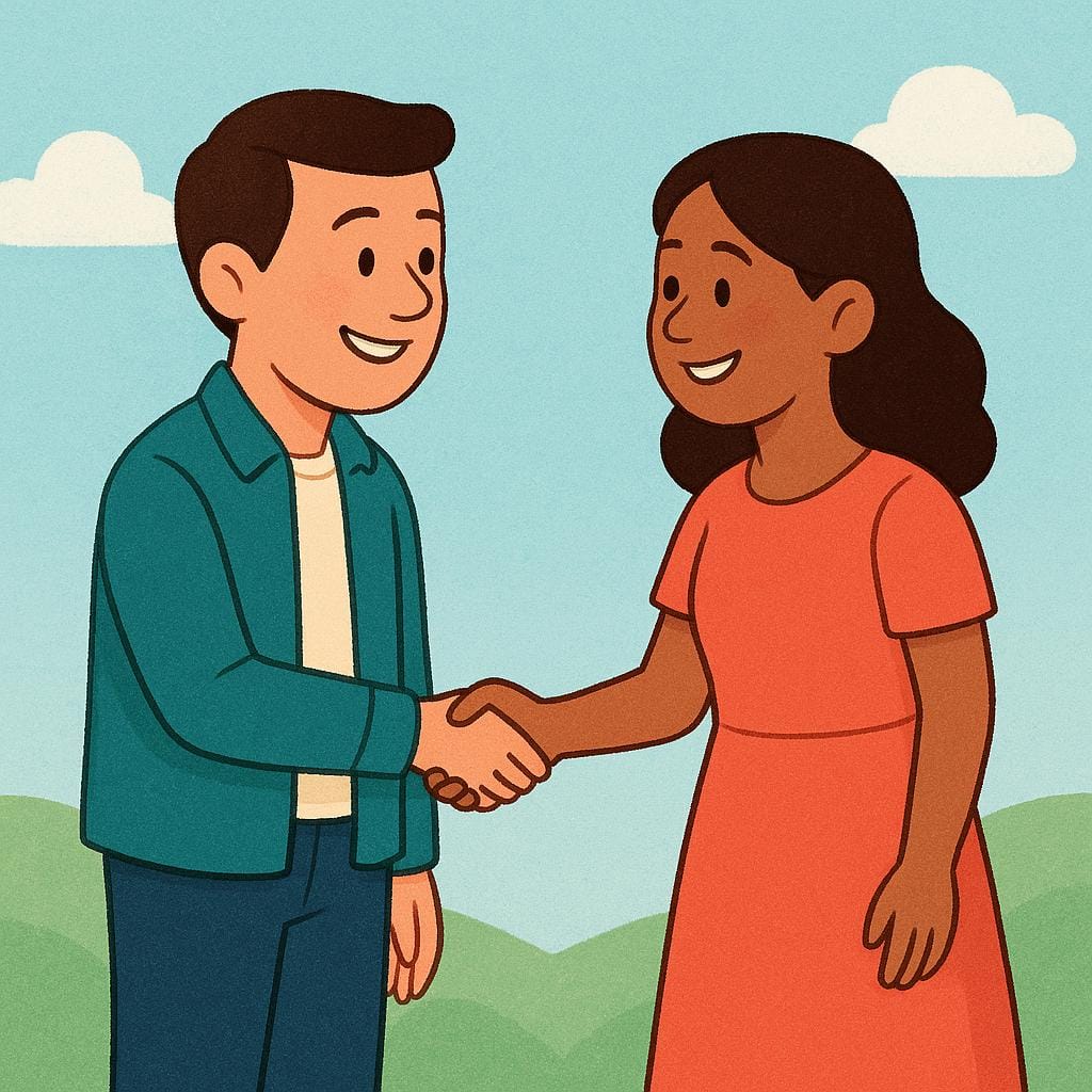 A simple colorful illustration showing a man and a woman shaking hands and smiling, signifying their first meeting.