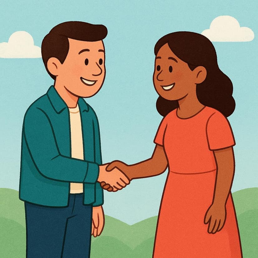 A simple colorful illustration showing a man and a woman shaking hands and smiling, signifying their first meeting.