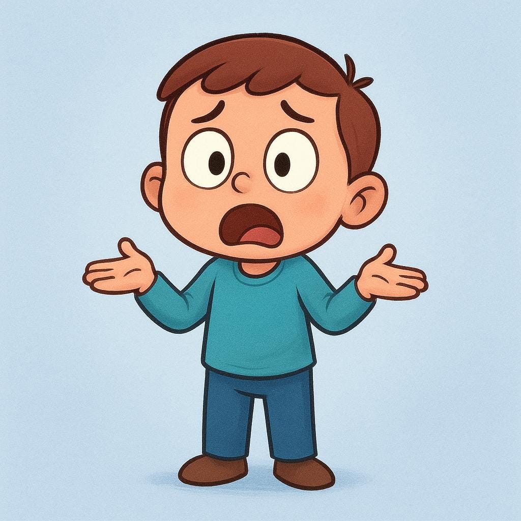 Une petite silhouette de dessin animé haussant les épaules de manière dramatique, l'air totalement confus et déconcerté avec la bouche grande ouverte, représentant une interrogation ou une surprise intense.