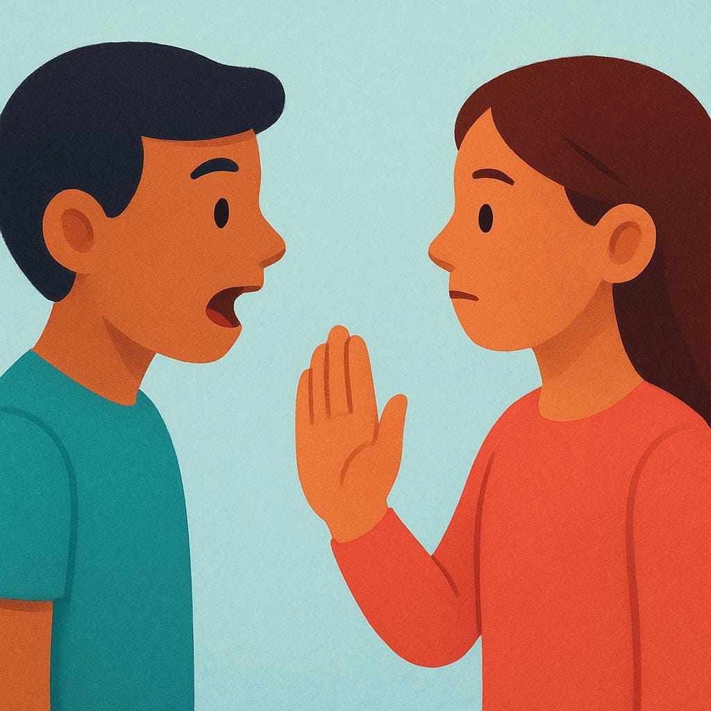 Uma ilustração simples de duas pessoas estilizadas se encarando. Uma pessoa levanta uma mão aberta, com a palma virada para a frente, em direção à outra pessoa, simbolizando uma objeção ou contestação formal.